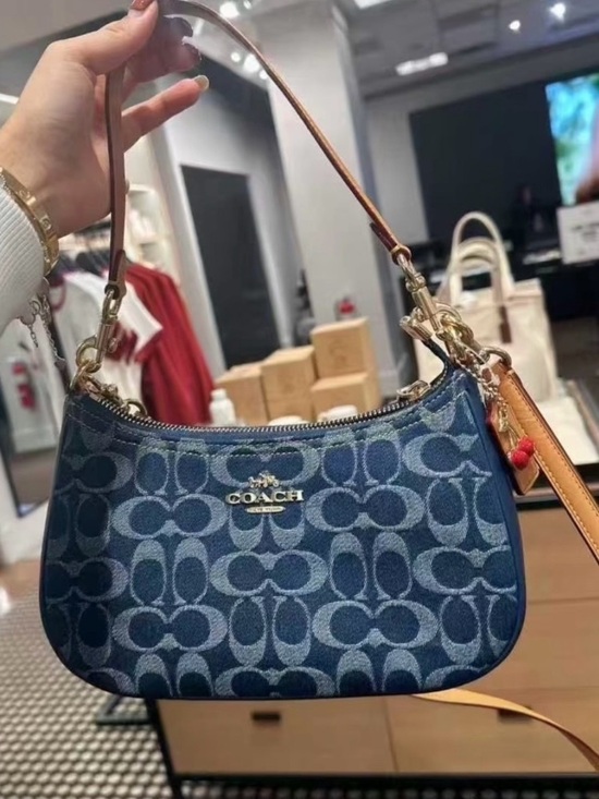 Coach Handbags - Coach Blue Denim Jacquard Mini Shoulder Bag with Tan Strap